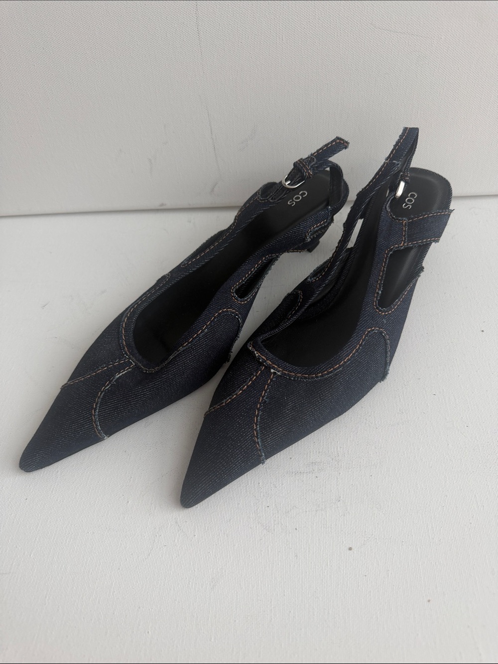 COS Navy Denim Pointed Slingback Heels